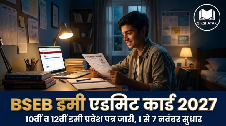 Bihar Board Dummy Admit Card 2027: BSEB ने जारी किया 10वीं 12वीं का डमी प्रवेश पत्र, 1 से 7 नवंबर तक करें त्रुटि सुधार Bihar Board Dummy Admit Card 2027: BSEB ने जारी किया 10वीं 12वीं का डमी प्रवेश पत्र, 1 से 7 नवंबर तक करें त्रुटि सुधार