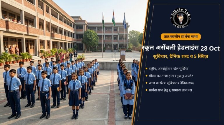 School Assembly News Headlines 28 October 2026 in Hindi: आज की प्रार्थना सभा के मुख्य समाचार, मौसम अपडेट, प्रेरक सुविचार और असेंबली क्विज़ School Assembly News Headlines 28 October 2026 in Hindi: आज की प्रार्थना सभा के मुख्य समाचार, मौसम अपडेट, प्रेरक सुविचार और असेंबली क्विज़