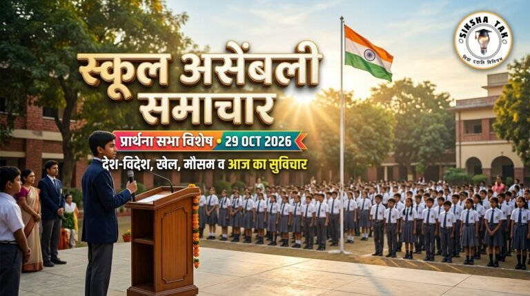 School Assembly News Headlines 29 October 2026 in Hindi: आज की मुख्य राष्ट्रीय, अंतर्राष्ट्रीय व खेल सुर्खियां, सुविचार एवं सामान्य ज्ञान प्रश्न School Assembly News Headlines 29 October 2026 in Hindi: आज की मुख्य राष्ट्रीय, अंतर्राष्ट्रीय व खेल सुर्खियां, सुविचार एवं सामान्य ज्ञान प्रश्न